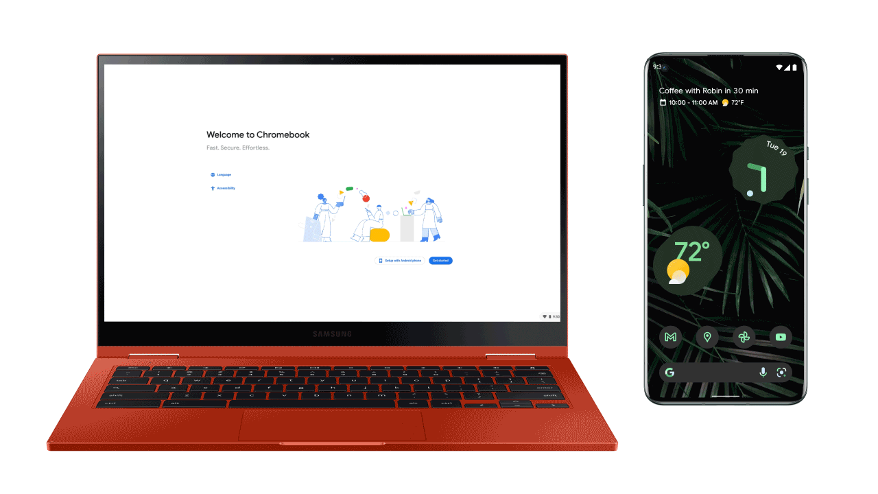 Log in credentials transferring from a side by side Android phone to a red Chromebook laptop.