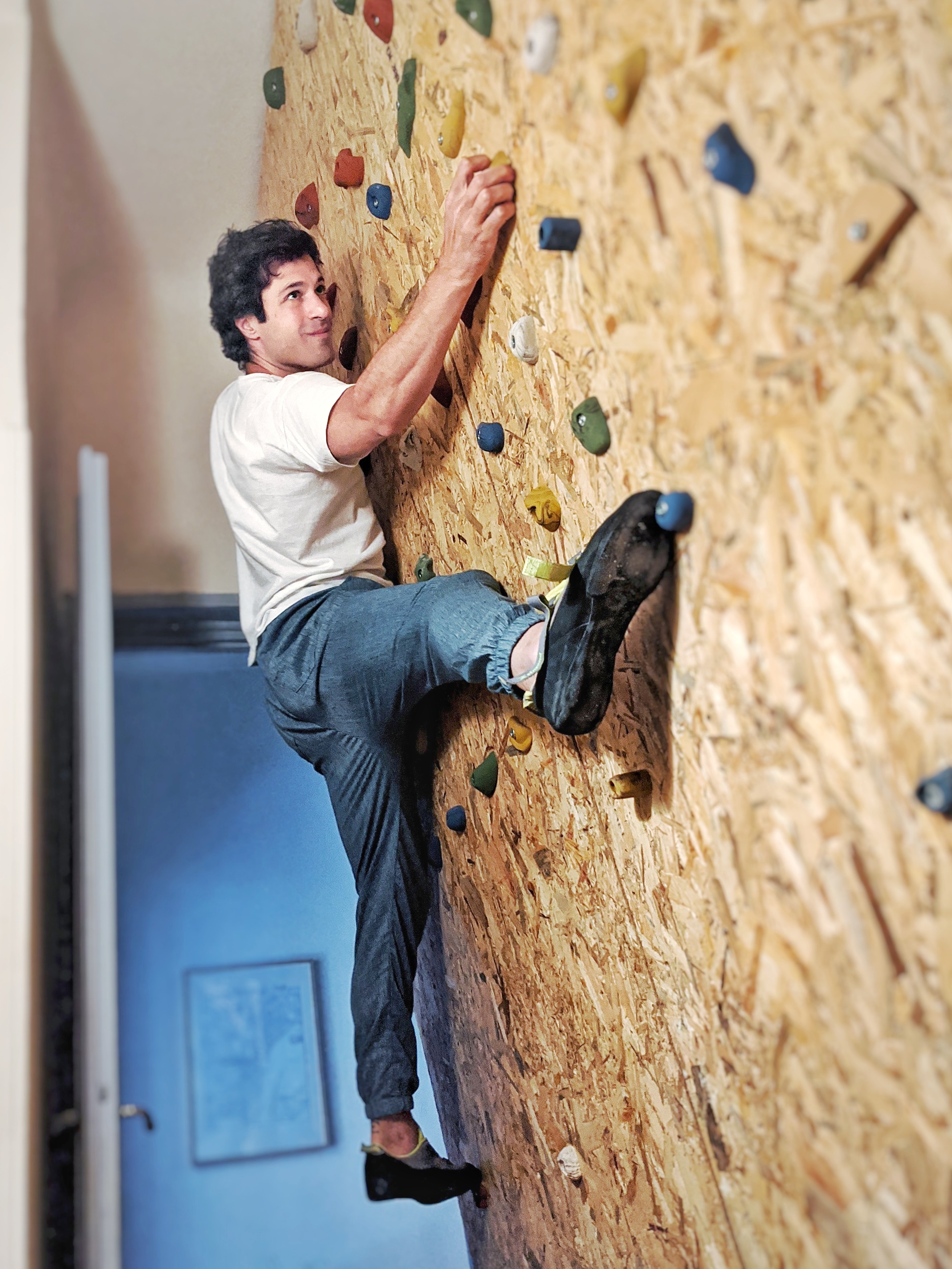 Photo showing a person climbing a climbing wall in a hallway.