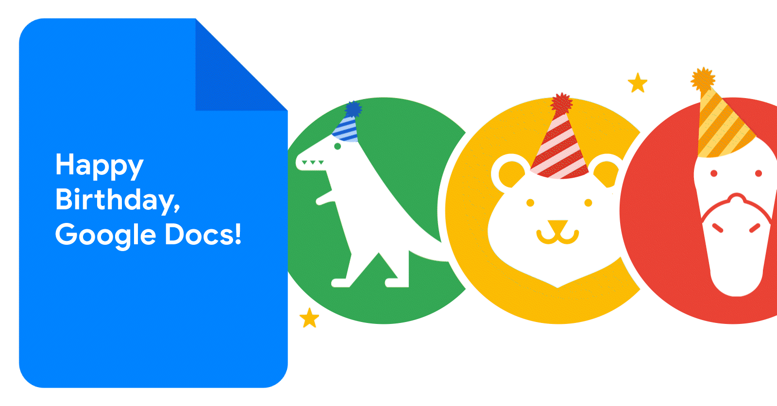 Animated GIF of three "anonymous animals" icons next to an icon of a Google Docs. The Google Doc icon says "Happy birthday, Google Docs!". Animated confetti and party hats surround the image.