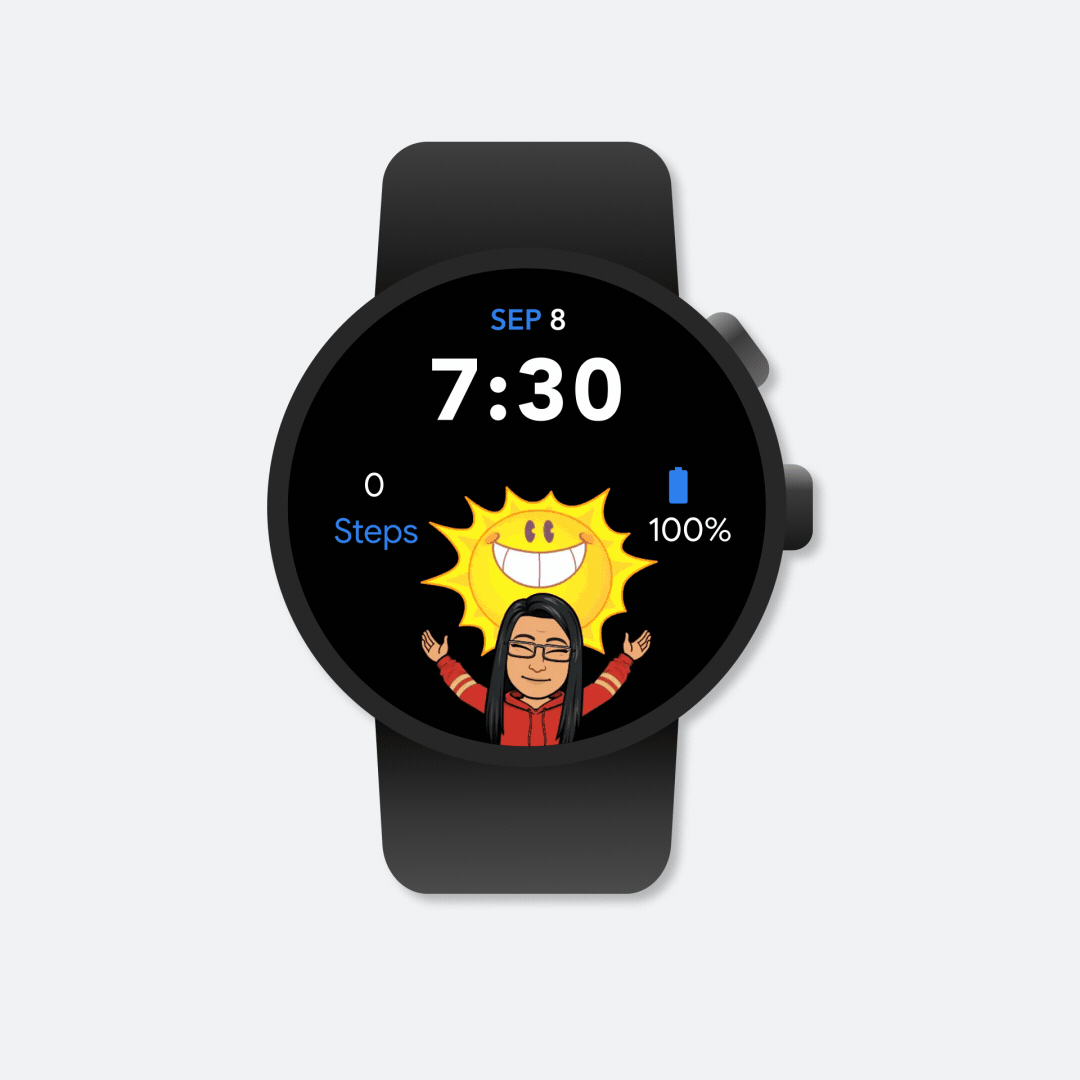 Una visualizzazione animata di come Bitmoji cambia sul quadrante dell'orologio durante il giorno, anche quando ti svegli, ascolti musica e ti addormenti.