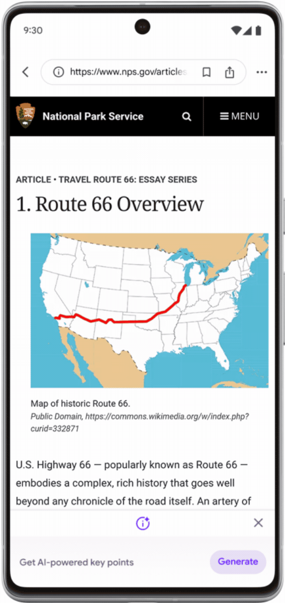 Een geanimeerde schermafbeelding van een mobiele telefoon waarop SGE te zien is tijdens het browsen en die de belangrijkste punten van een artikel over Route 66 in de Google-app genereert.