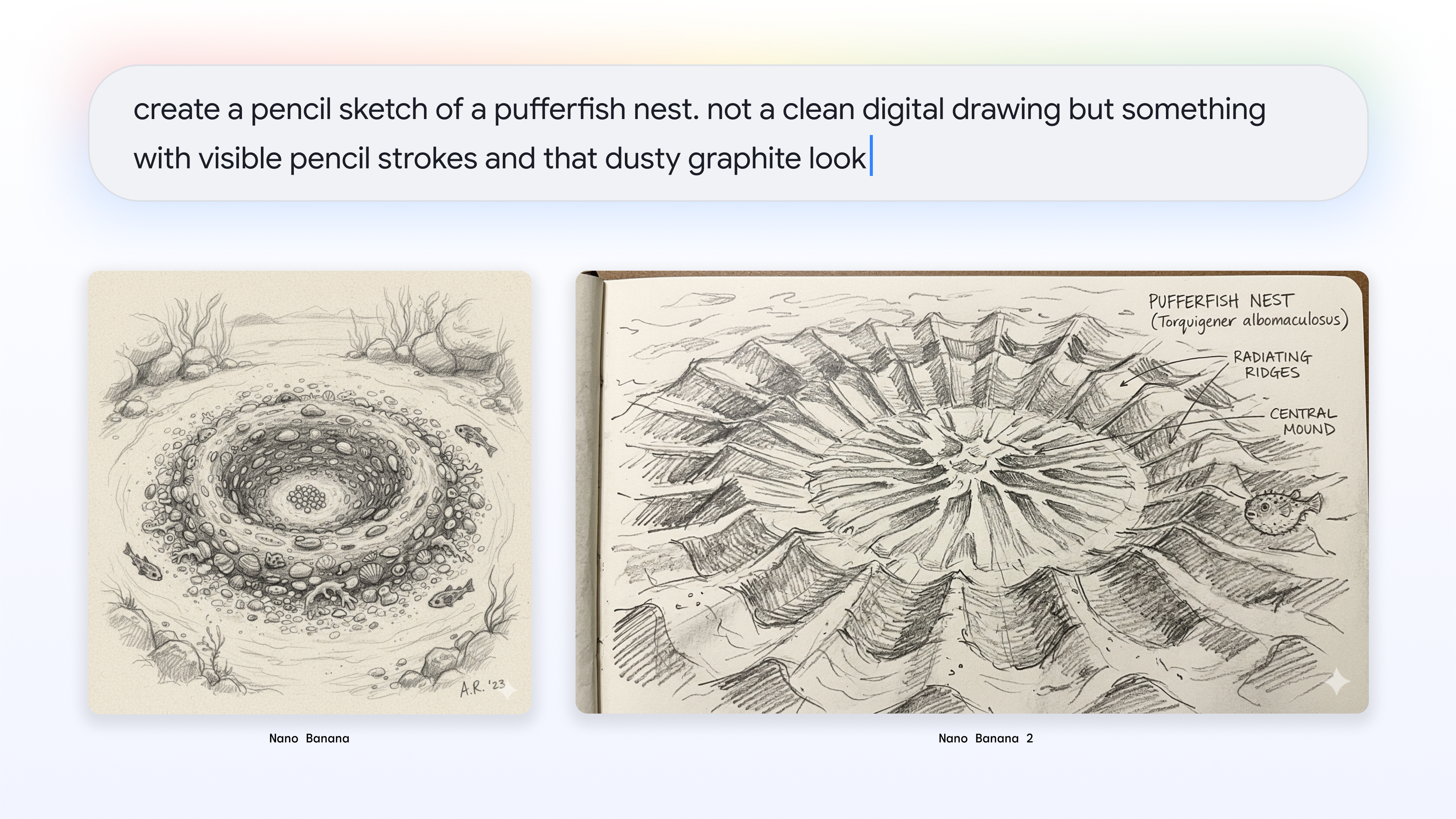 Uma comparação lado a lado de dois esboços a lápis de grafite que mostram diferentes interpretações de um ninho de baiacu: um menos preciso, texturizado, com um cratera revestida de conchas e o outro um diagrama científico geométrico mais preciso num caderno de campo com anotações manuscritas.