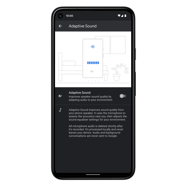 GIF animado de la pantalla de un teléfono Pixel seleccionando Adaptive Sound;  la imagen luego muestra a una mujer en su baño peinándose mientras la función Adaptive Sound ajusta la música al ruido de su entorno.