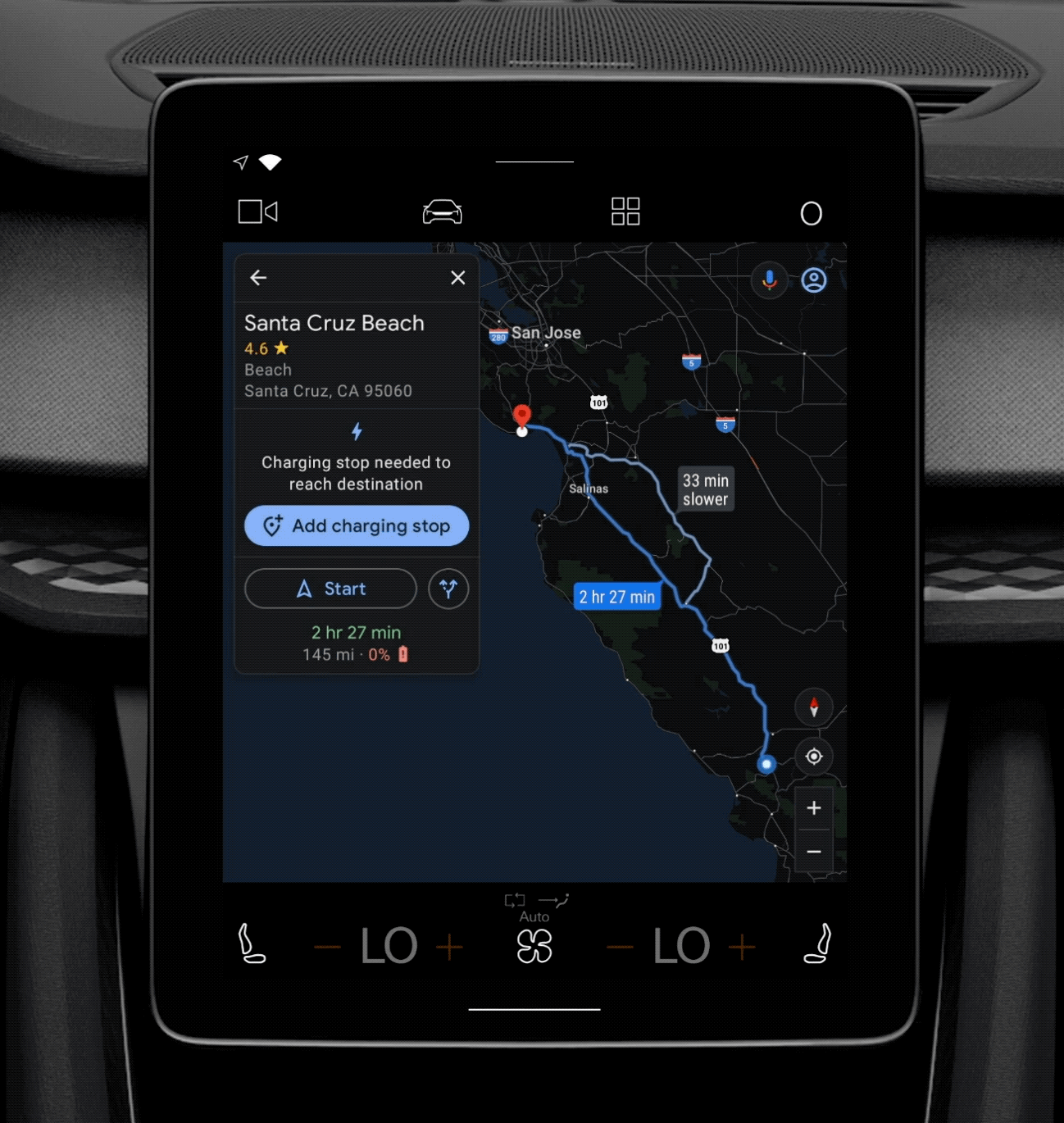 Image showing Google Maps built in to an electric vehicle and the option to see what charging station is right on route to Santa Cruz Beach.