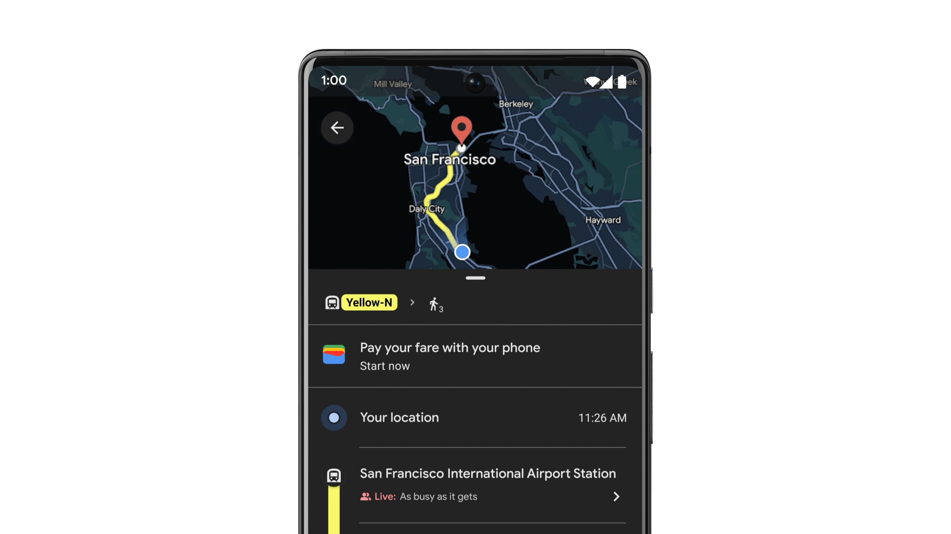 A user looks at their phone for directions from the San Francisco airport on Google Maps. Since they are looking for public transportation routes, they are prompted on their phone to add fare to their Clipper card, a transit card used throughout the San Francisco Bay Area. With a tap, they add their desired amount of money to the card.