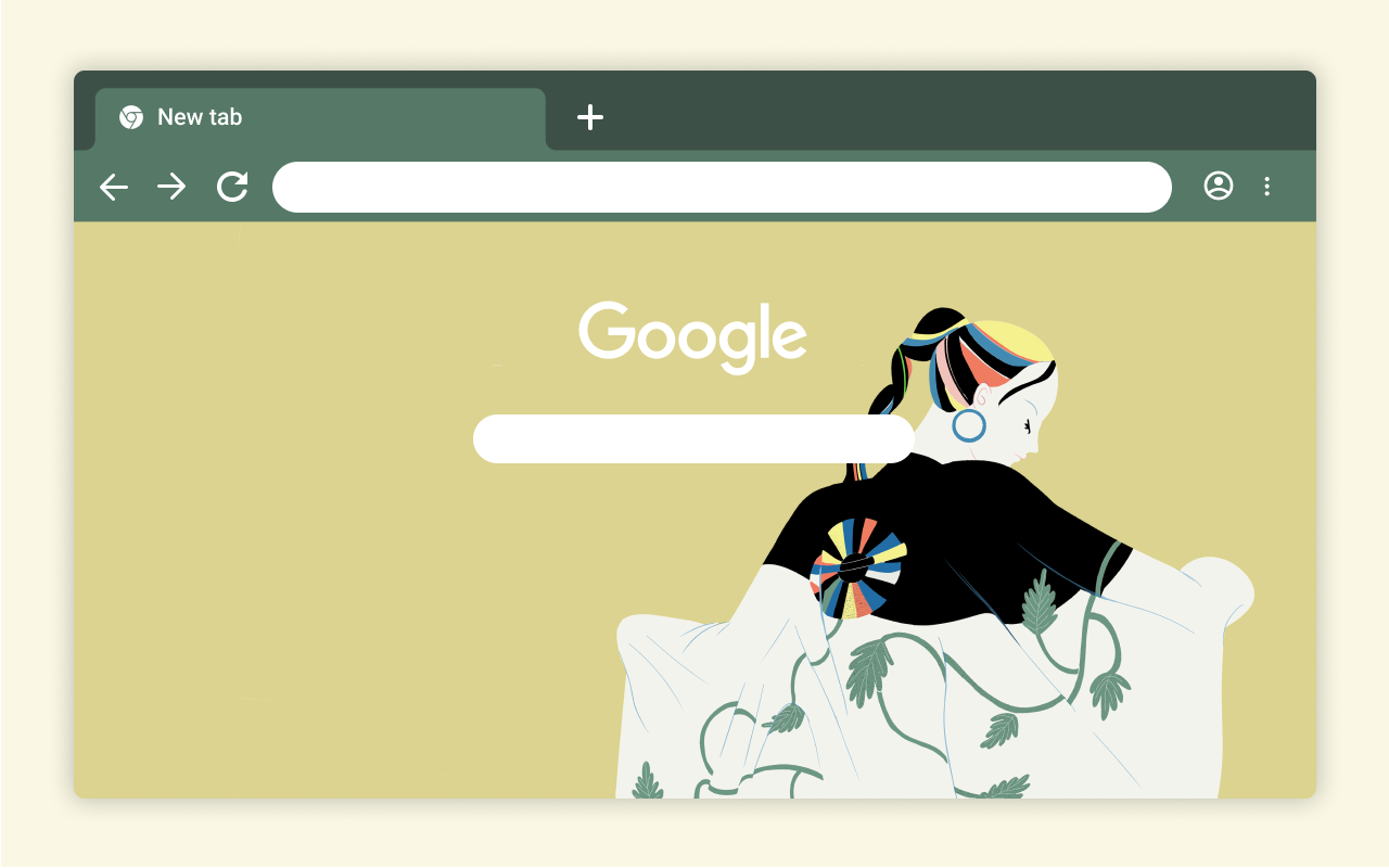 An illustration that shows a woman in a traditional robe with multicolored highlights in her hair.