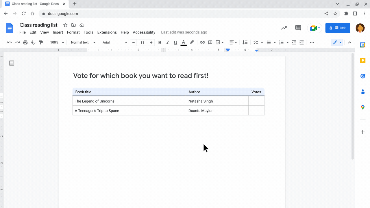 Gif of a cursor adding voting chips in a Doc titled “Vote for which book you want to read first!”