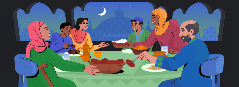 Family illustration while having dinner (Iftar) during Ramadan, along with colorful lanterns