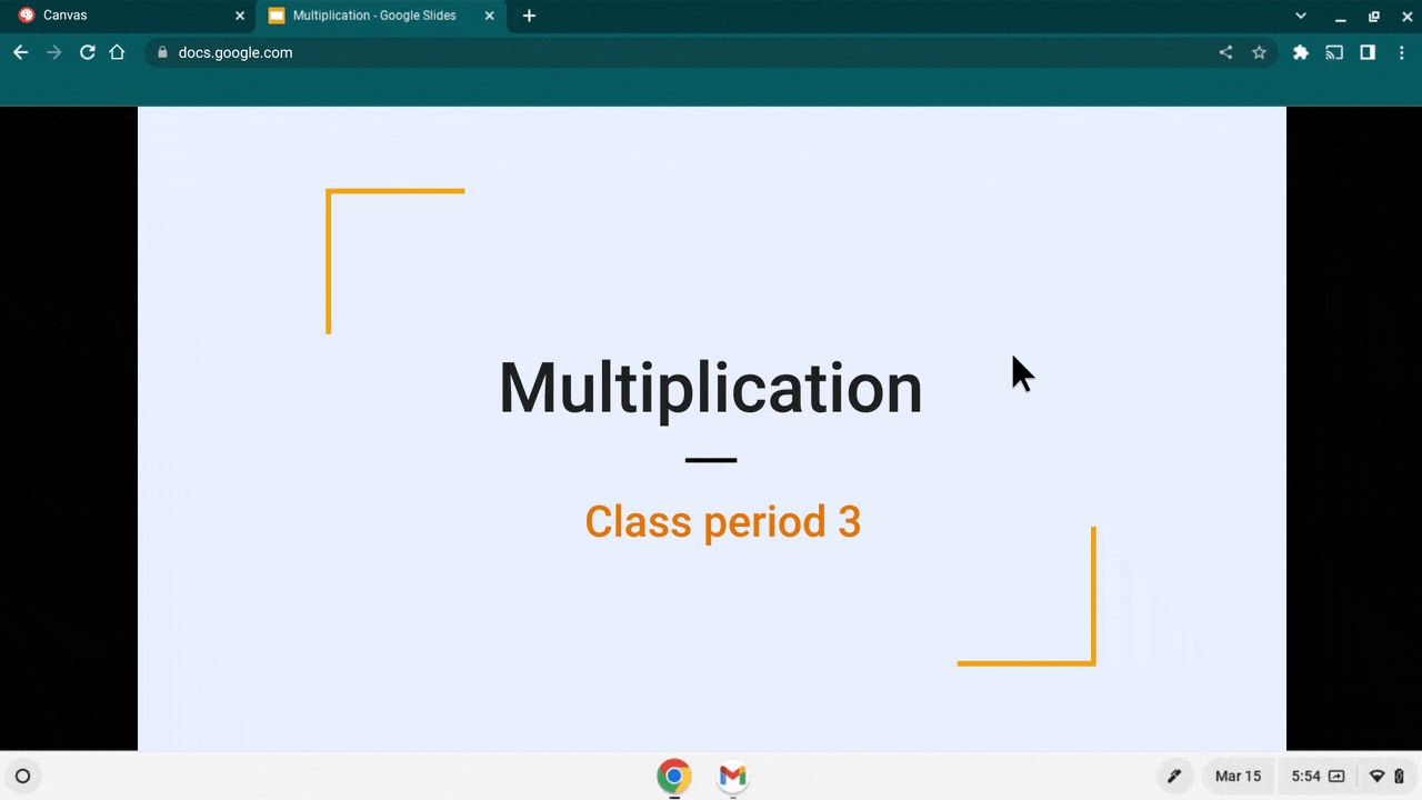 Gif showing a slide titled “Multiplication” and a cursor entering a code to cast it. The cursor opens another tab in Chrome showing a multiplication problem and selects “cast this tab instead.”