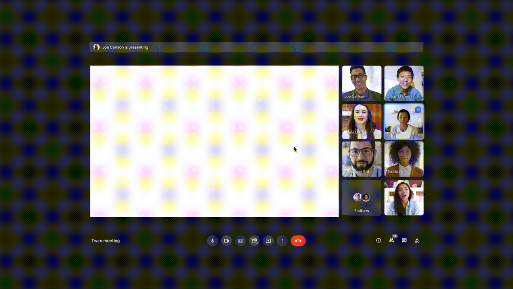 An animated GIF of a screen showing a Google Meet video call. Participants are on the right hand sidebar and in the center of the screen is a presentation for one of the members that says “welcome to the team.” Various heart and thumbs-up emoji float up t