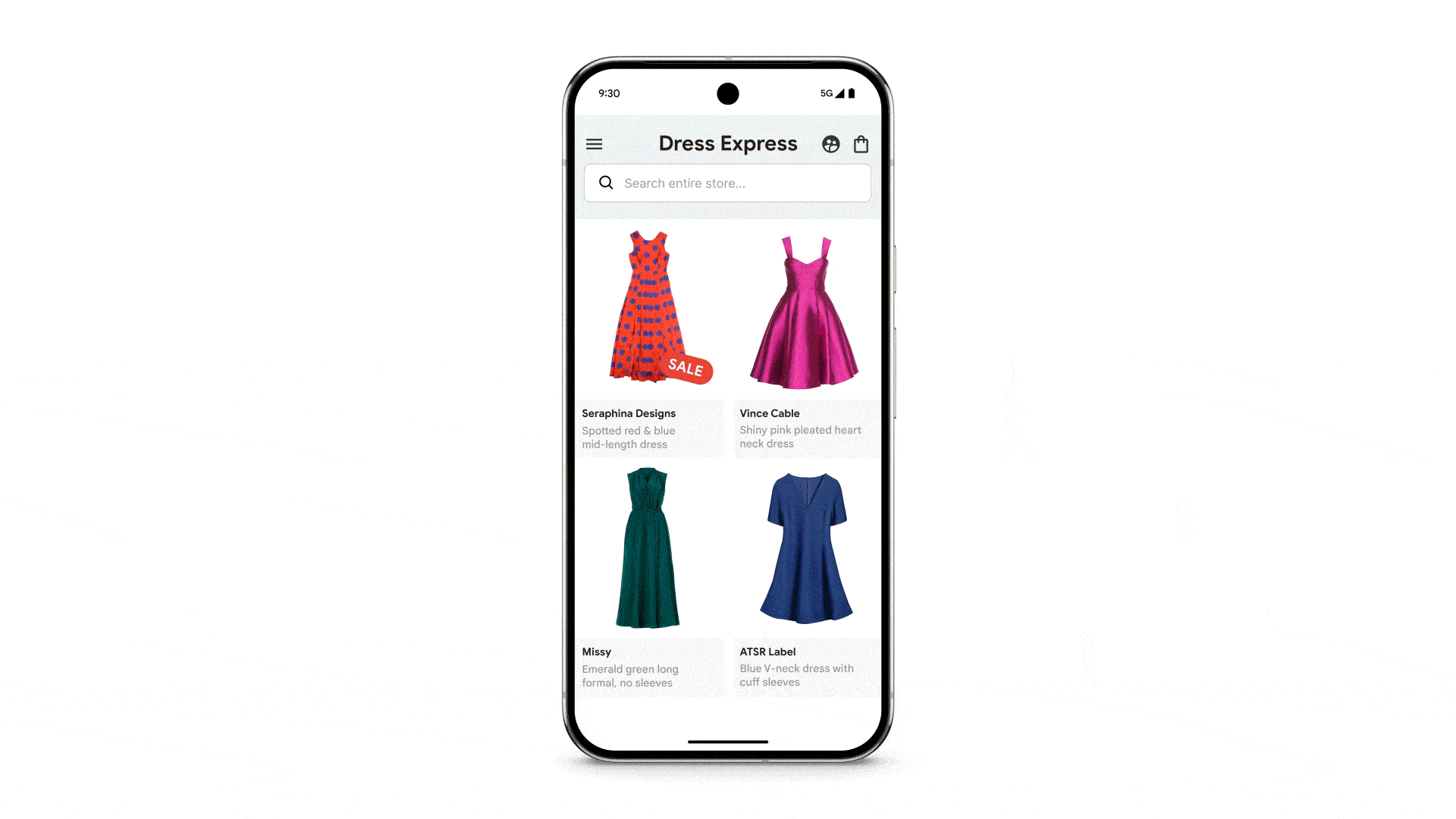 Android phone displaying a shopping app with four dresses, while TalkBack's Gemini powered feature describes the screen and answers questions.