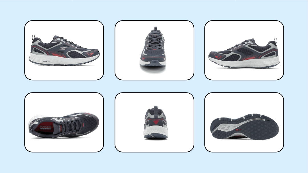 An animation of rotating 3D images of sneakers with the text “3D Shoes — automating 360 degree spins with just a handful of images.”