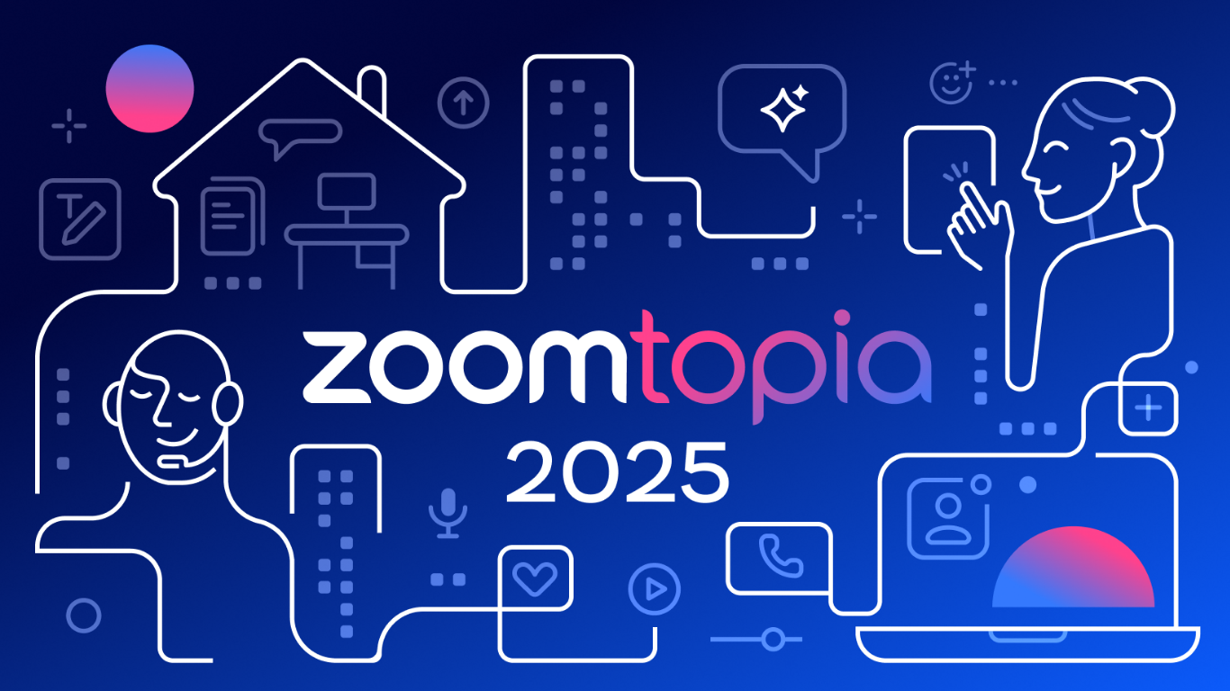An abstract, blue-themed graphic for Zoomtopia 2025 featuring white line art of a house, city buildings, and people interacting with technology.