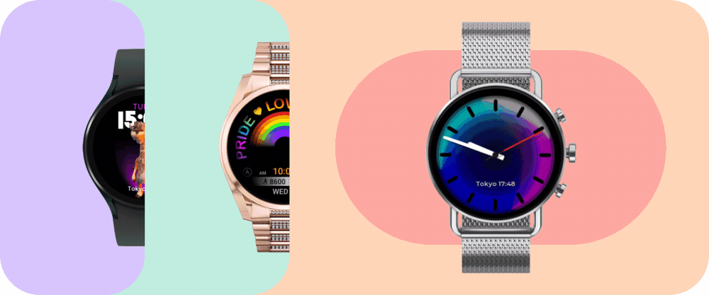 Wear OS watches display a different watch face in each watch, including Facer’s animated watch face options.