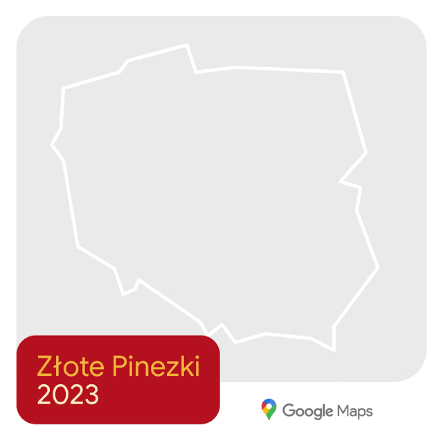 GIF przedstawiający mapę Polski z szarym cieniowaniem. W różnych regionach pojawia się 16 złotych pinezek lokalizacji. Poniżej karta tytułowa brzmi: „Złote Pinezki 2023”.