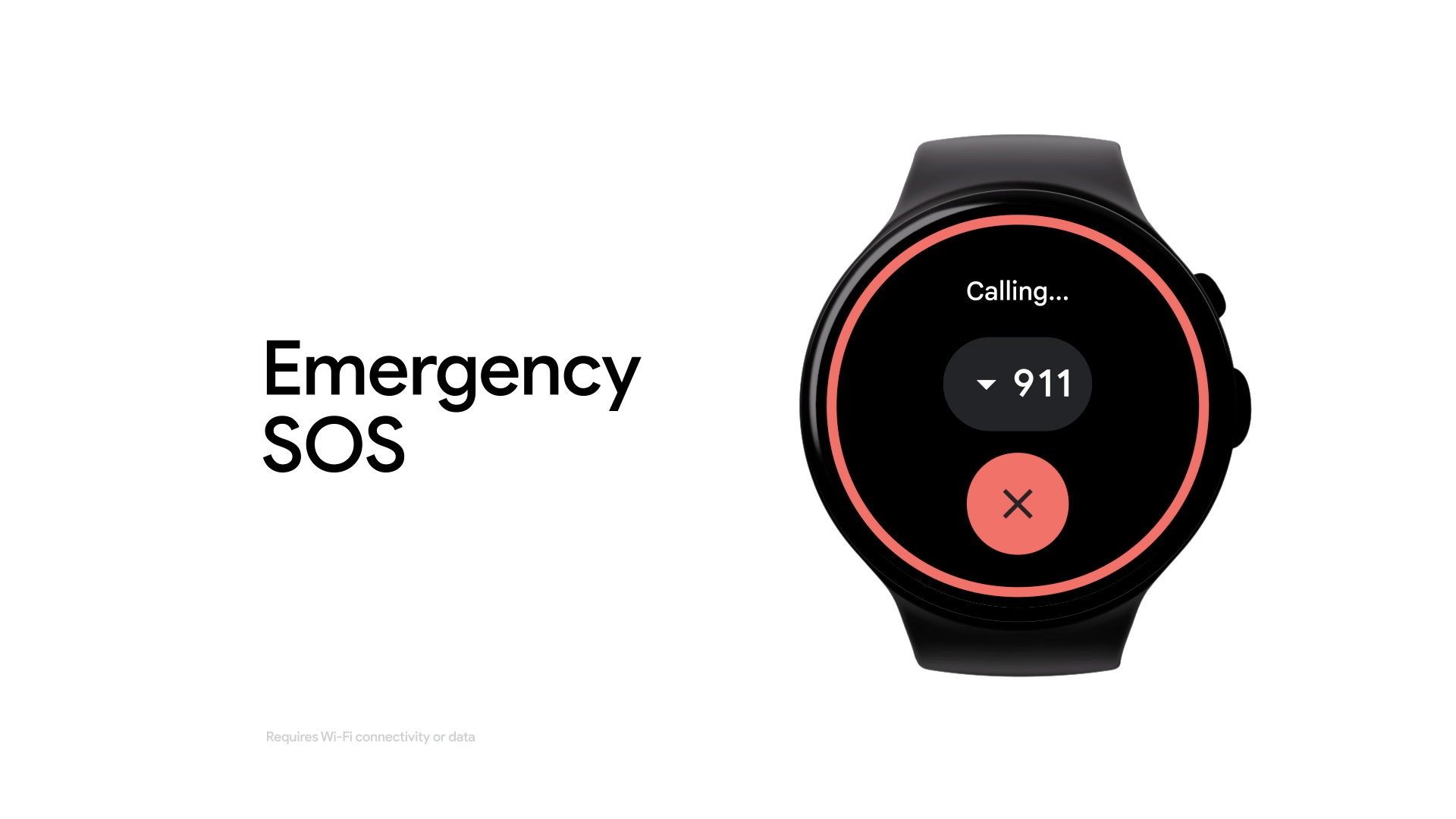 L'écran d'une montre illustre la fonction SOS d'urgence. Le cadran de la montre comporte le contour d'un cercle rouge qui décompte le temps avant qu'un appel d'urgence ne soit passé directement depuis la montre. Dans cet exemple, le 911 est appelé.