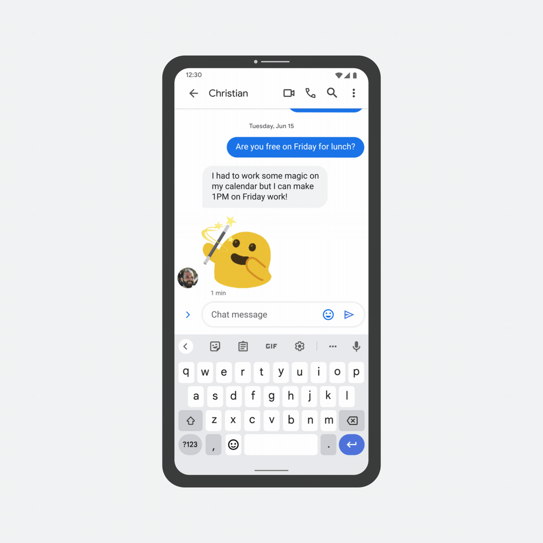 After typing a message, relevant emoji mixes are proactively displayed at the top of the keyword