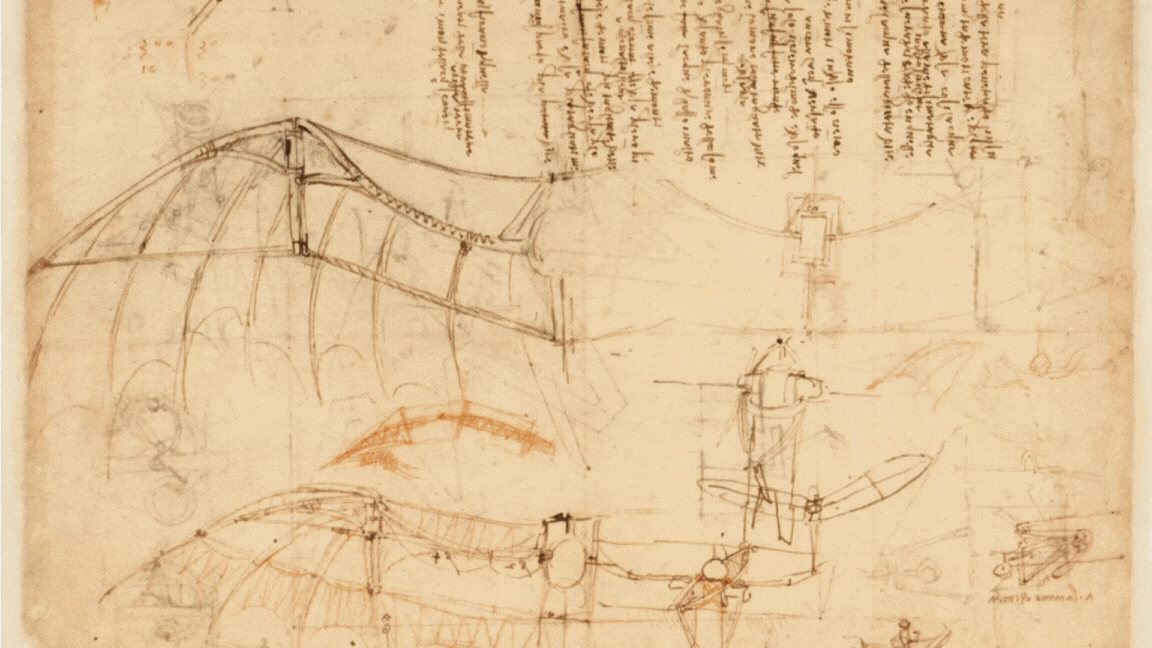 GIF showing three of Da Vinci’s inventions: a winged glider, a catapult, and a parachute. For each one, a digital copy of the original sketch is featured first, and then a 3D model of the contraption.