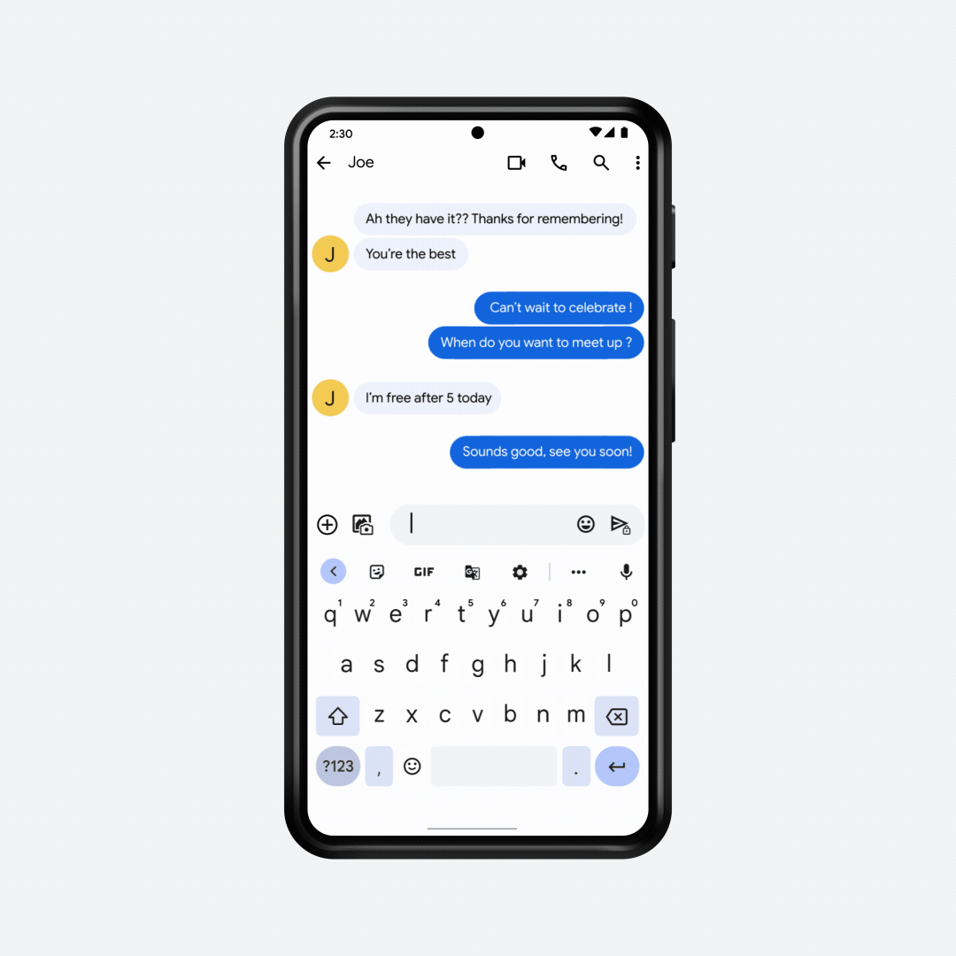 Animazione di come la funzione Emojify di Gboard aggiunge istantaneamente emoji ai tuoi messaggi di testo in una varietà di stili.