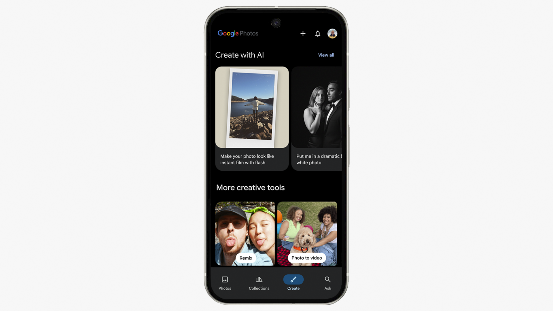 A smartphone displays the Google Photos app Create with AI tab, showing options like Make your photo look like instant film with flash, Put me in a dramatic black and white photo, Remix, and Photo to video.