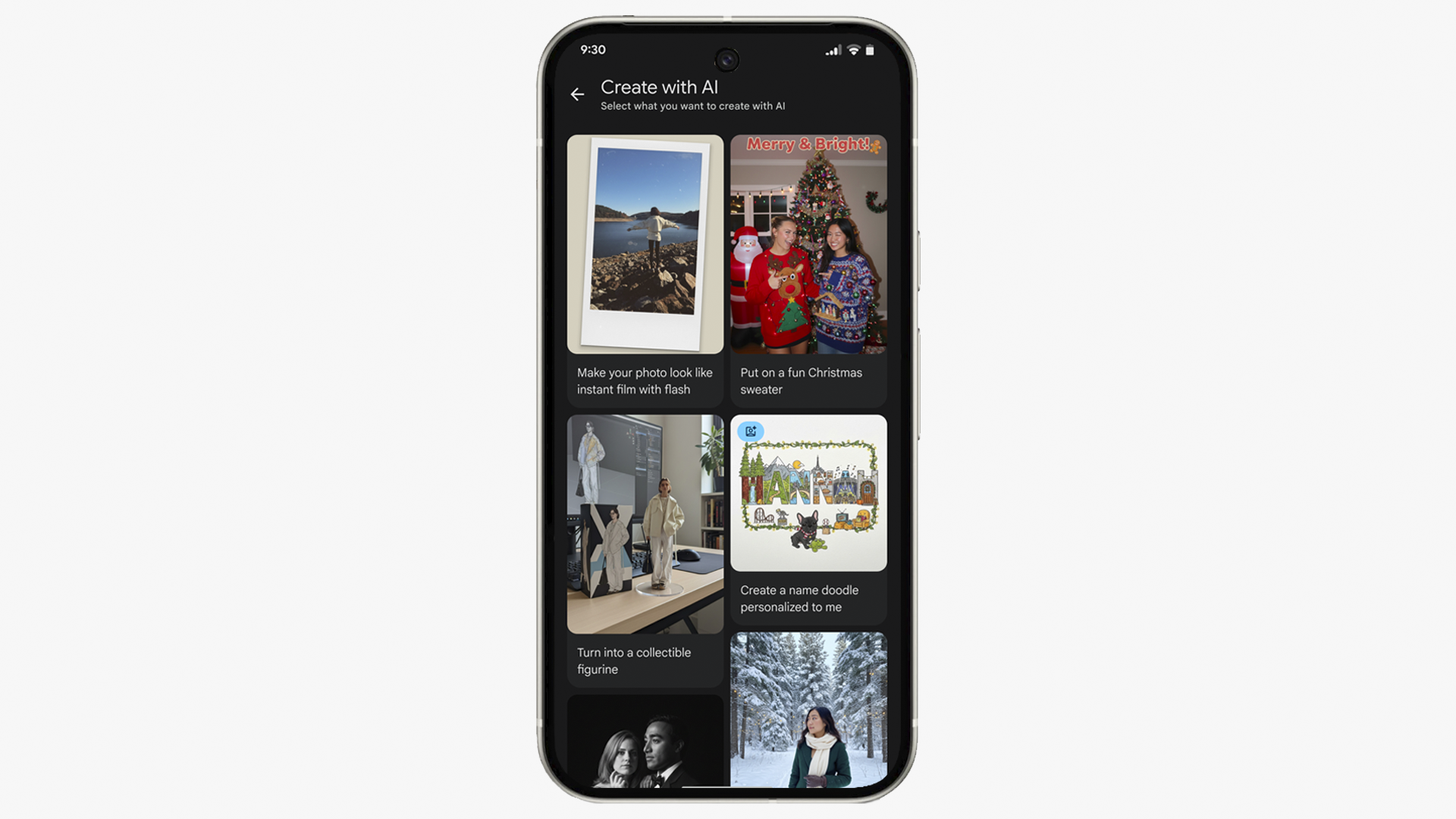 A smartphone displays the Google Photos Create with AI screen, showing AI creation options including Put on a fun Christmas sweater, Turn into a collectible figurine, and Create a name doodle personalized to me.