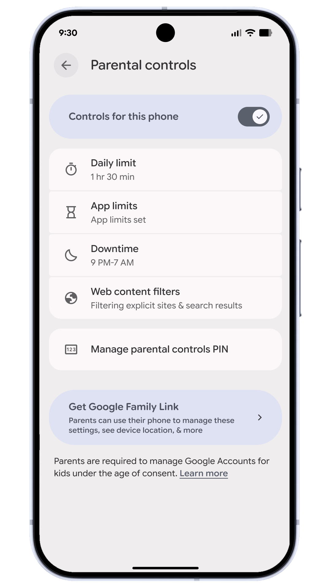 「家長安全監護」選項，家庭成員現在可以透過統一整合的入口，輕鬆使用內建的裝置管理功能與 Google Family Link。