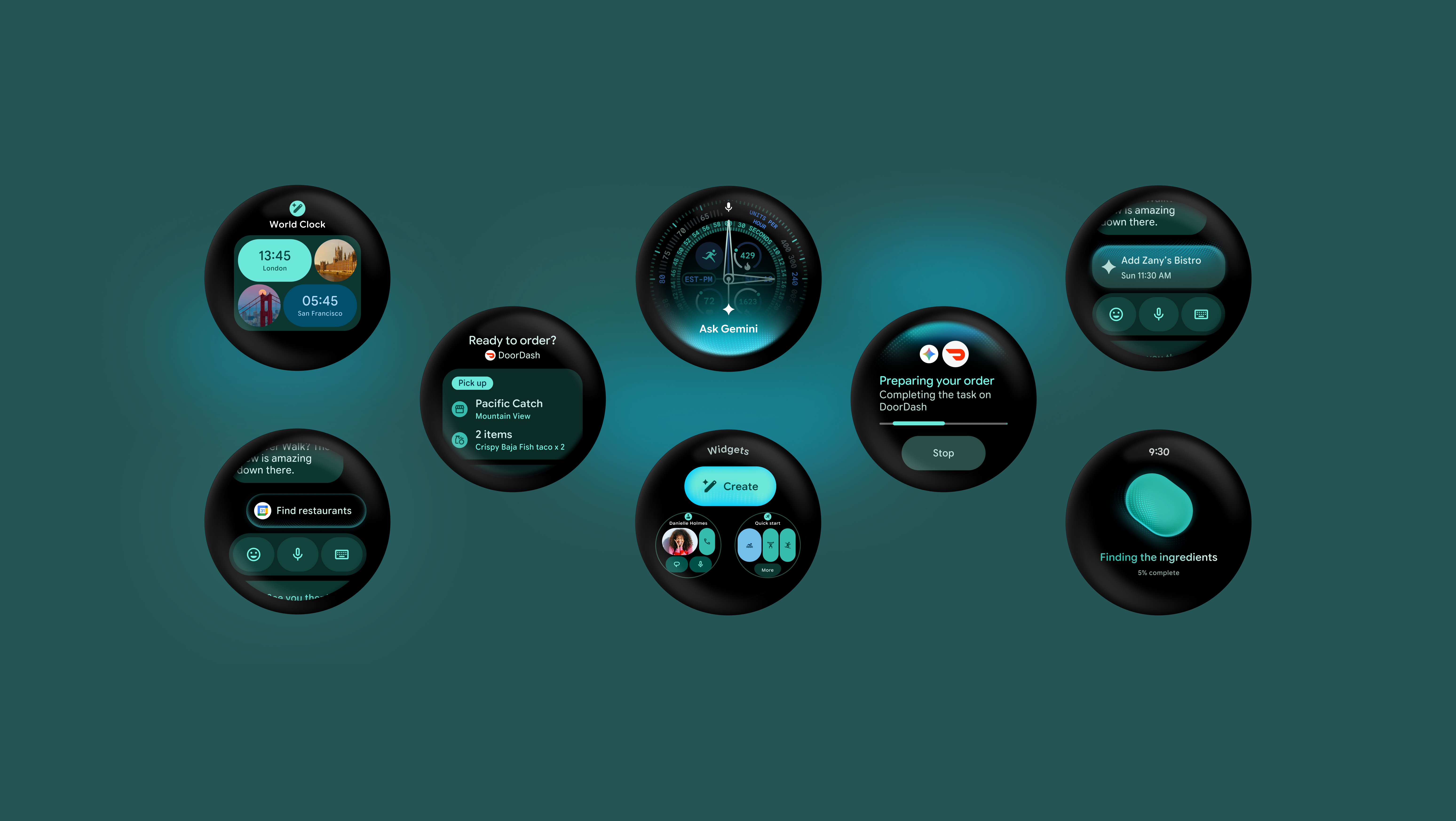 Smartwatch faces on a teal background