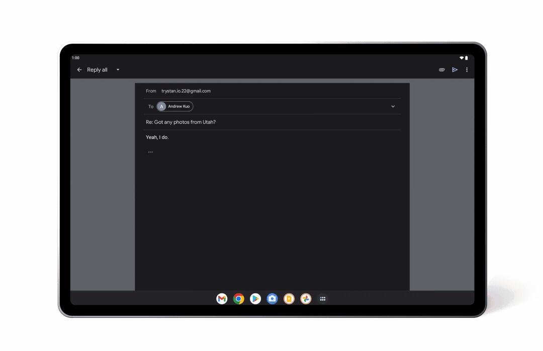 A tablet user drags and drops apps like Google Photos and Gmail into split screen from the new All Apps entry point in their taskbar.