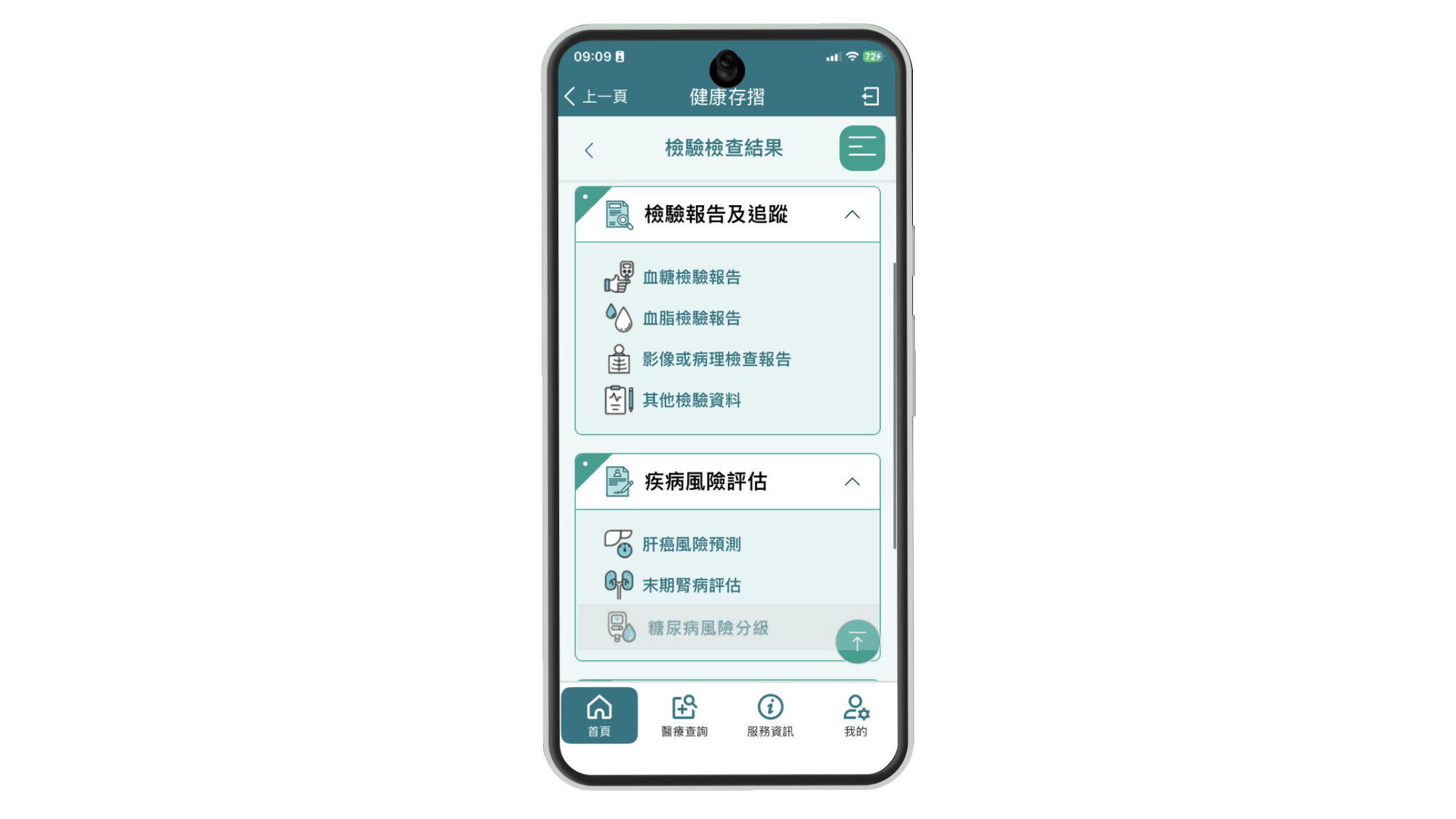 「健康存摺」App 介面，顯示檢驗檢查結果清單。其中「疾病風險評估」分類下列出「糖尿病風險分級」入口，展示 AI 醫療服務與日常科技的無縫整合。