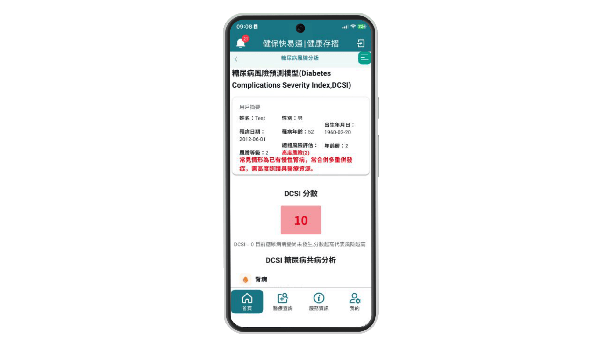 民眾端的糖尿病風險評估報告介面，顯示基於 DCSI 模型計算的併發症嚴重程度分數（如分數 10）。畫面以鮮明色彩標示高度風險，並提供白話且具備臨床指引建議的照護指引。
