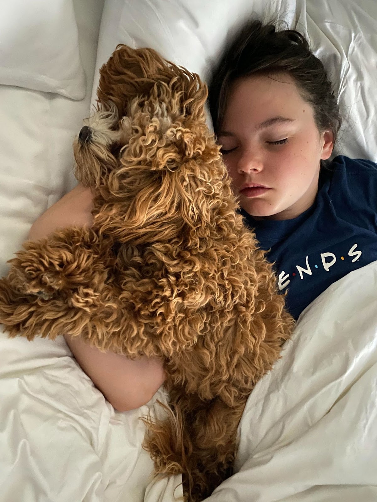 Angela's daughter and fluffy brown puppy asleep