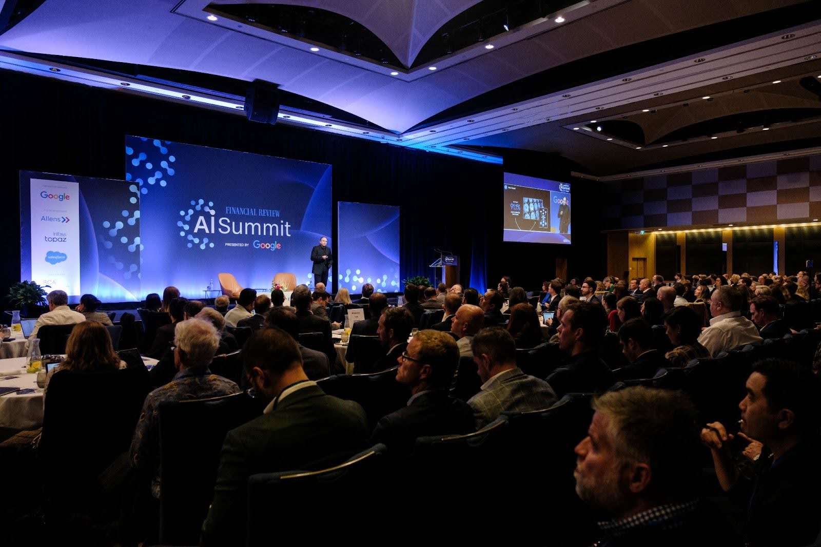 Yossi Matias, VP and Head of Google Research, giving a speech on AI's potential at the AFR AI Summit