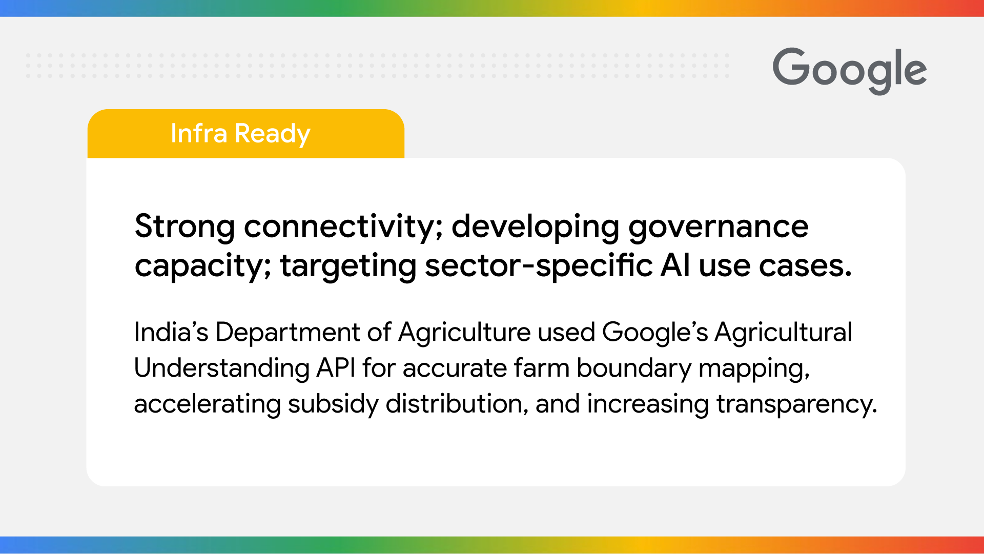 Infra-Ready: Strong connectivity; developing governance capacity; targeting sector-specific AI use cases. India's Department of Agriculture used Google's Agricultural Understanding API for accurate farm boundary mapping, accelerating subsidy distribution, and increasing transparency.