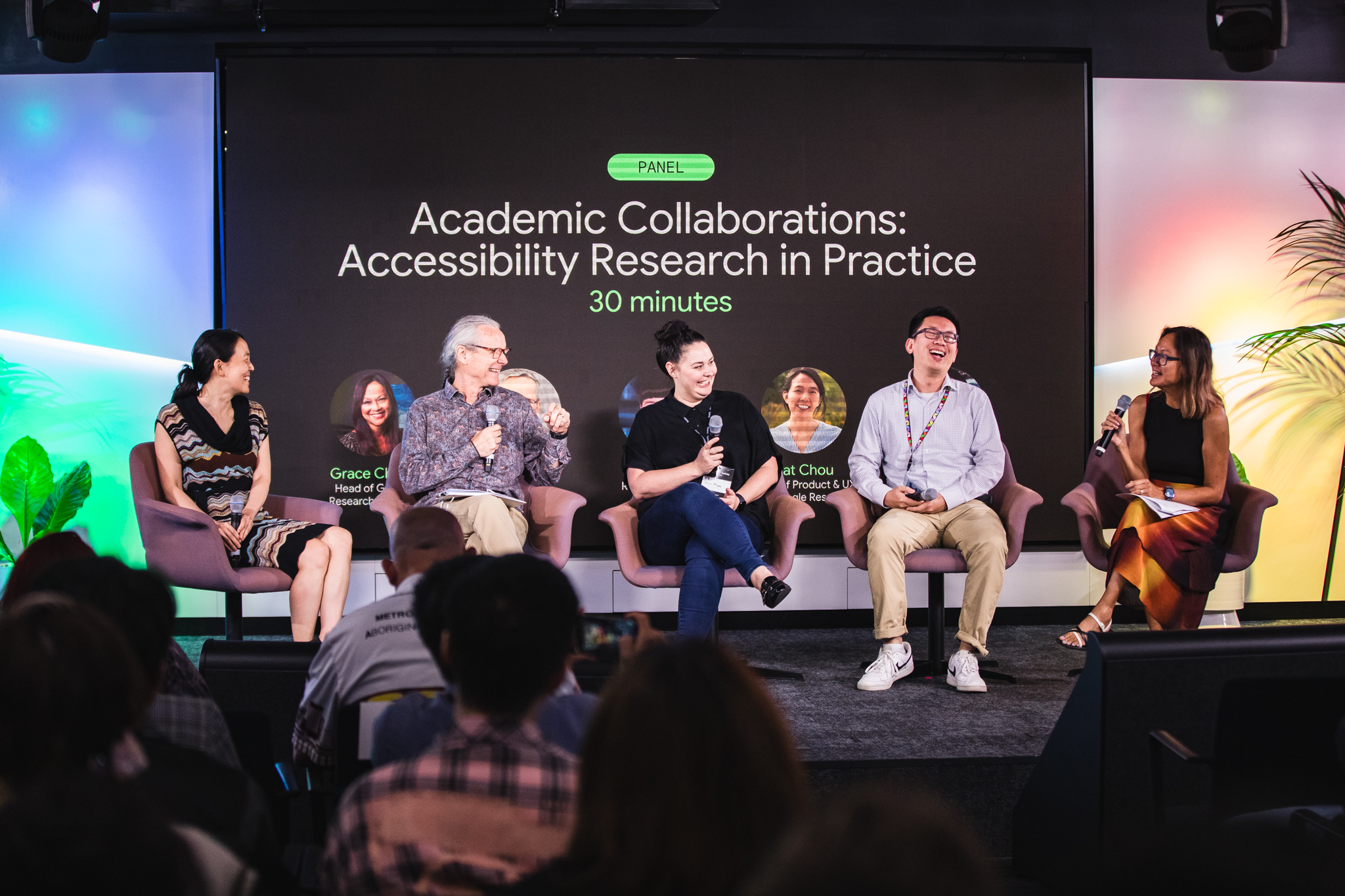 A discussion on academic collaborations with a panel including Katherine Chou, Dr Simon Carlile, Research Fellow Dr Kelly Miles from Macquarie University, Senior Lecturer and Researcher Xin Yu and Dr Grace Chung.