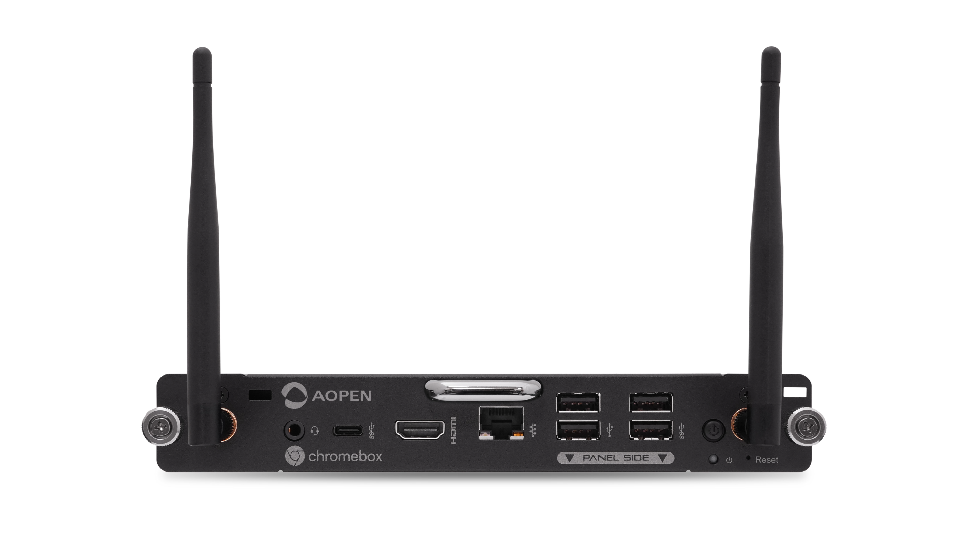 Rear panel view of a black AOpen Chromebox BP5130 OPS showing two external antennas. The interface includes a variety of ports: an audio jack, USB-C, HDMI, Ethernet, and four USB-A ports, alongside a power button and reset pinhole.