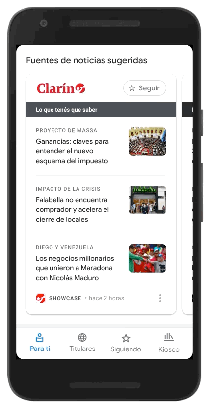 A GIF of what Google News Showcase panels will look like for partners in Argentina