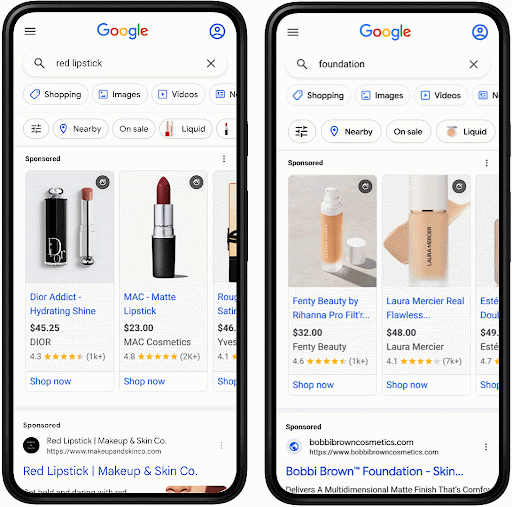 Two side by side phone shells show animations of a cursor clicking on an AR Beauty ad - one is for lipstick and one is for foundation. You can see what the products look like on a diverse set of models.
