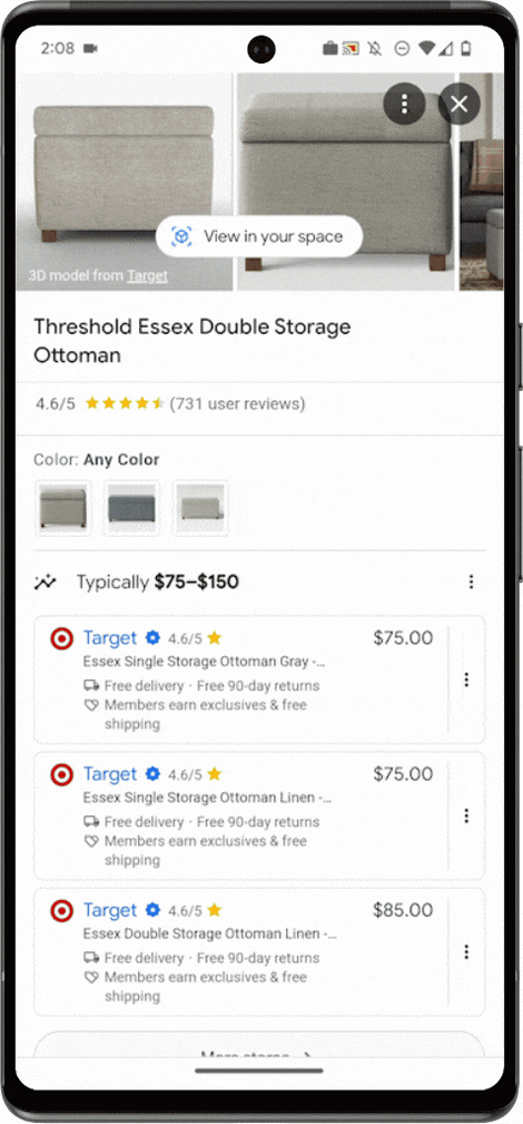 An animation in a phone frame shows a shopping result for a cream-colored ottoman. The cursor clicks the “view in your space” button, and the ottoman appears in 3D in a living room.