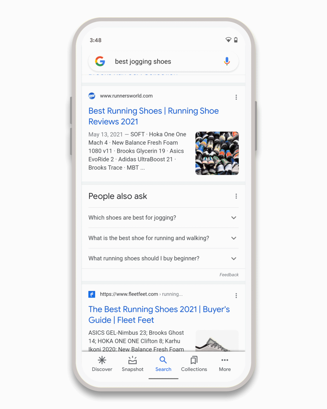 A phone screen shows the About This Result panel for the query "Best Jogging Shoes." The image scrolls over the panel, and shows a search tip that pops up suggesting a modification to the search to get different results.