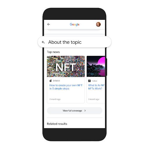 About This Result panel shows new "About the topic" section.