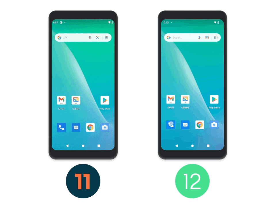 Animazione di un confronto affiancato tra un dispositivo Android 11 (edizione Go) che apre un'app e un dispositivo Android 12 (edizione Go) che apre l'app del telefono. Il telefono Android 12 sul lato destro sembra essere più veloce.