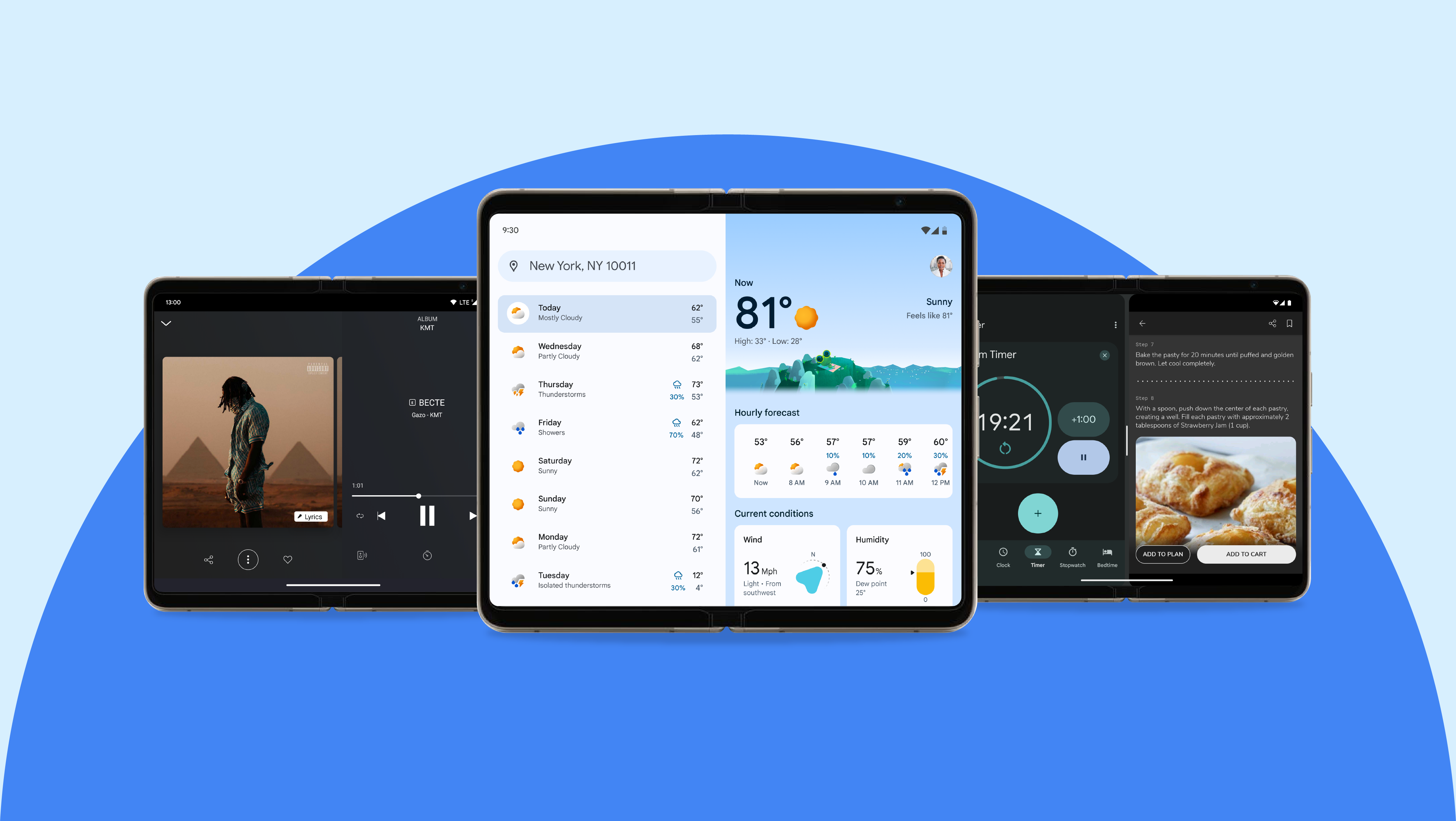 A collection of three Pixel Fold’s show the Deezer app, Google Weather experience, and SideChef app.