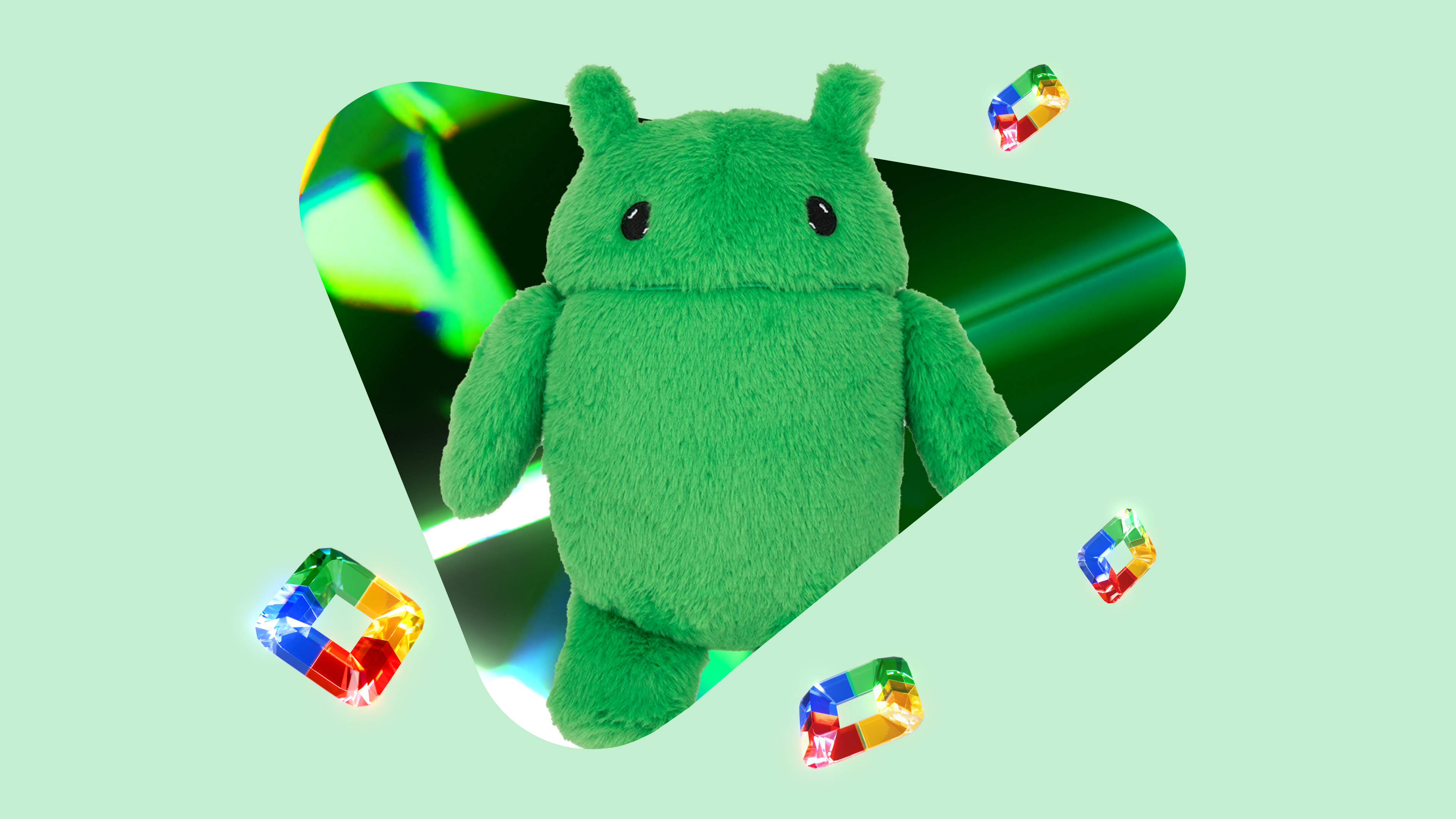 Green background with the Android Plush coming out of a prism