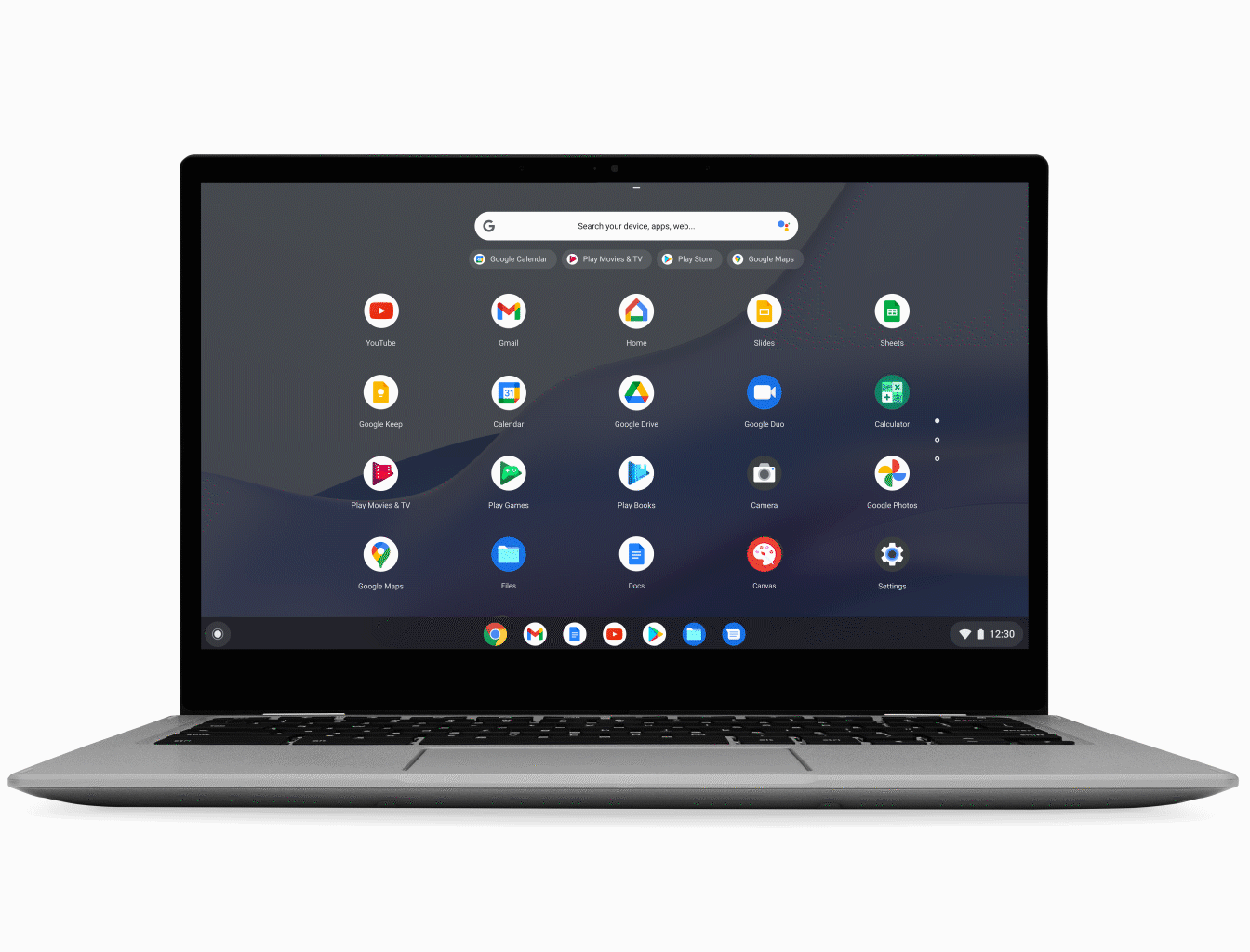 Image zooms in on several apps on a Chromebook, then small badges appear in the top right corner of the apps.