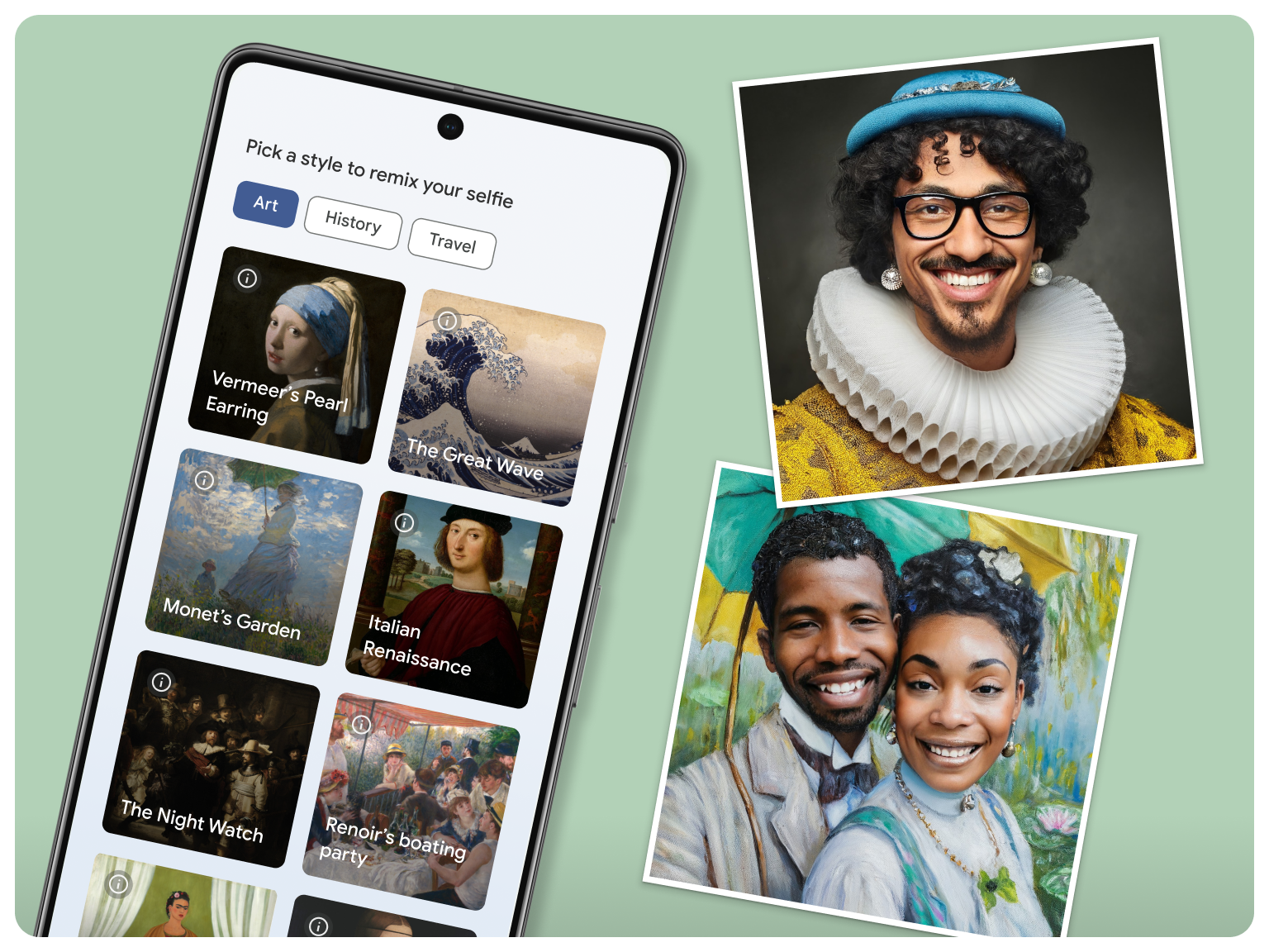 UI of Art Selfie 2 feature shows art inspired styles and remixed selfies