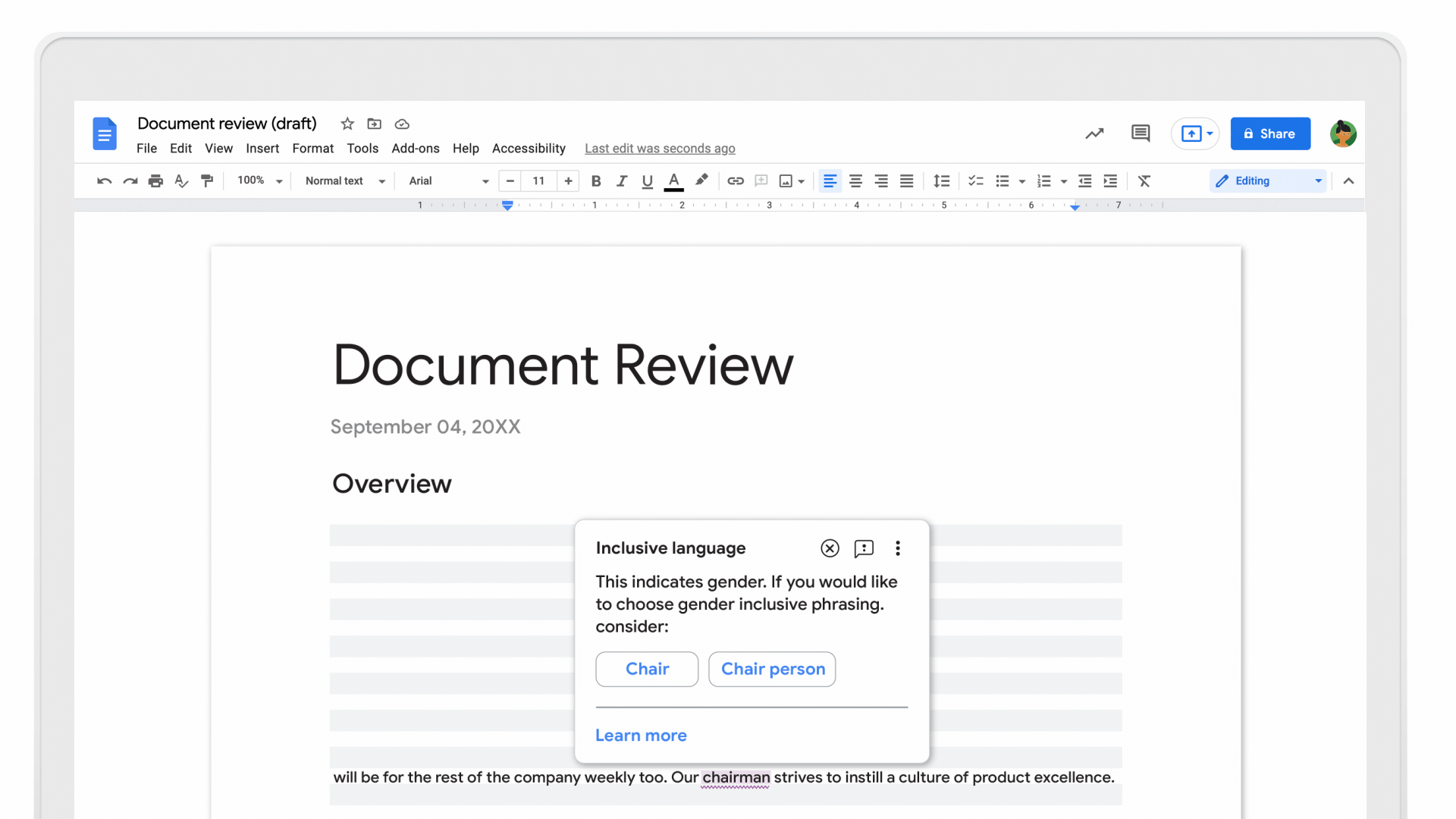 Google Docs suggesting more inclusive language