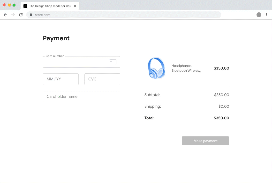 A gif shows a cursor hovering over a credit card form filler on a website. A dropdown of credit card options appears and a card is selected. A prompt appears to verify their identity using a password or Touch ID, and autofill populates the payment fields.