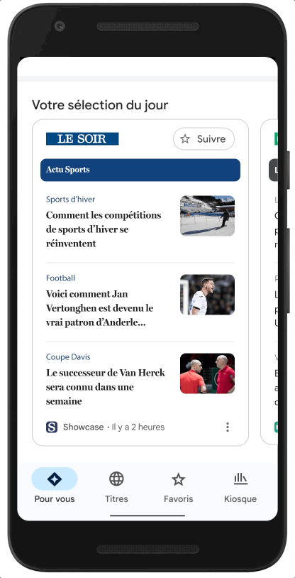 This GIF shows an example of different news headlines you could get from publishers in Belgium using a new feature called News Showcase.