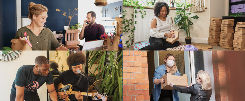 4 pictures of different small business owners, from two musicians jamming to a woman packing stacks of boxes
