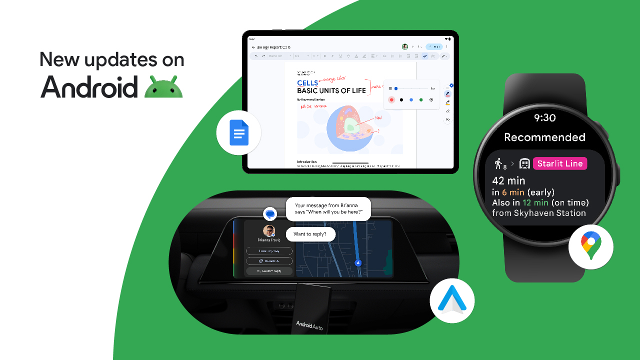 Picture displaying 3 new Android features. Android Auto messaging updates displayed on a car dashboard. Transit directions on Google Maps for Wear OS displayed on a smartwatch. And Google Docs markups displayed on an Android tablet.